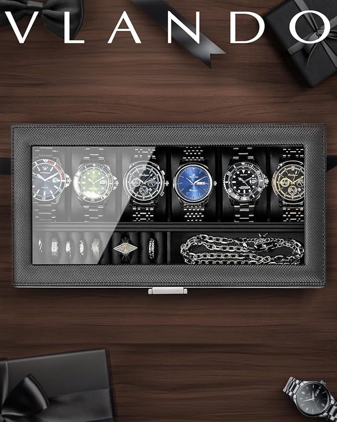 Vlando 6-Slot Watch Case for Men, Watch Box with Glass Lid, Storage for Rings, Keys, Business Textured Leather Organizer Display Case, Soft Pillow, Gifts for Fathers, Dad, Husband - Black