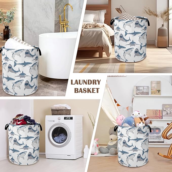Laundry Hamper,Cute Shark Laundry Basket,Wild Fish Waterproof Oxford Cloth Storage Basket with Handle for Clothes Books Nursery Home Storage Sundries 16"x20"
