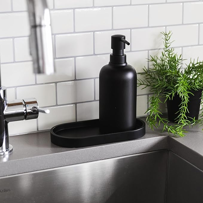 Matte Black Round Soap Dispenser Tray, 8” Soap and Lotion Bottle Tray Organizer Plate for Bathrooms, Kitchens, Countertops - Holds 2 Soap Dispensers