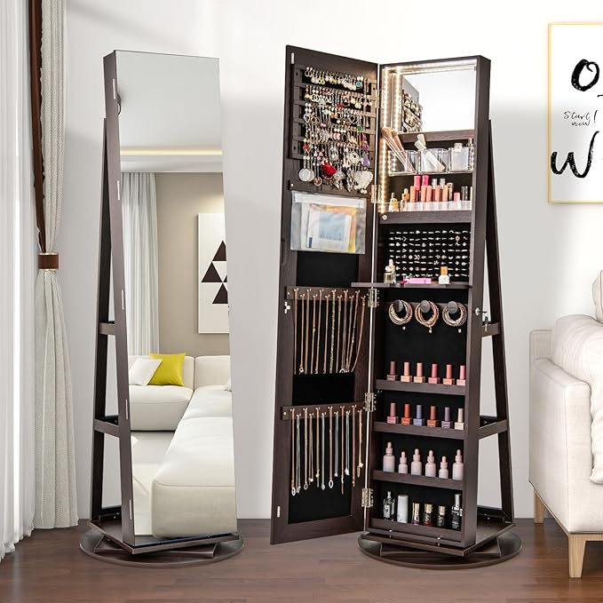 CHARMAID 360° Swivel Jewelry Armoire with Full Length Mirror, Rear Storage Shelves, Lockable Standing Jewelry Cabinet Organizer with Interior Vanity Mirror and 3-Color Lights (Espresso)