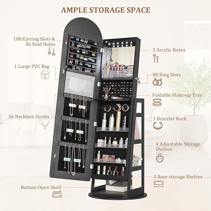LVSOMT LED Mirror Jewelry Cabinet Standing, Lockable Jewelry Armoire with Arched Full-Length Mirror and Adjustable LED Lights, Space-Saving Jewelry Organizer with Mirror(Black)