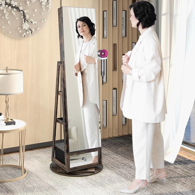 GOFLAME 360° Rotating Jewelry Cabinet with Full Length Mirror, Standing LED Mirror Jewelry Armoire, Lockable Jewelry Organizer with Hair Dryer Rack, Back Storage Shelves, Inner Makeup Mirror, Brown