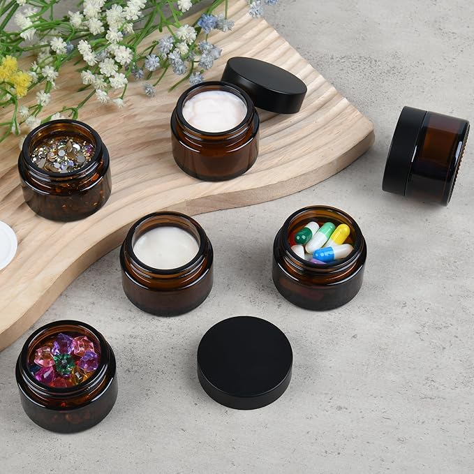 1 oz Reusable Amber Glass Container Jars 24 Pack with Wide-mouth Leak Proof Cap and Inner Pull-On Lid for Travel Storage Makeup, Face Creams, Body Lotions, DIY Crafts or Others