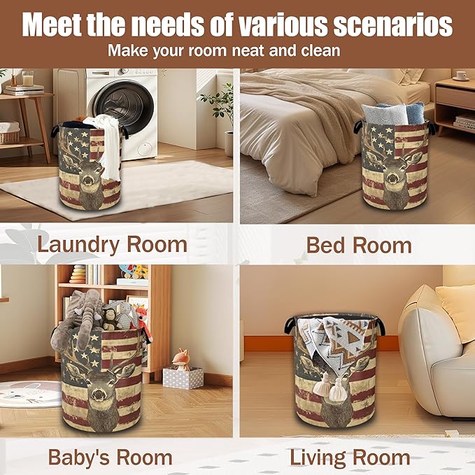 Laundry Hamper,American Flag Deer Laundry Baskets,Waterproof Oxford Cloth Toy Storage for Bedroom,Bathroom,Nursery,16x20.8 Inch