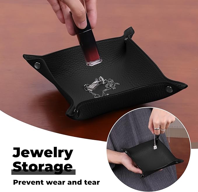 Genuine Cowhide Leather Desktop Storage Organizer - Bedside Vanity Tray Catchall Nightstand Caddy Holder for Phone, Wallet, Coin, Jewelry (Black)
