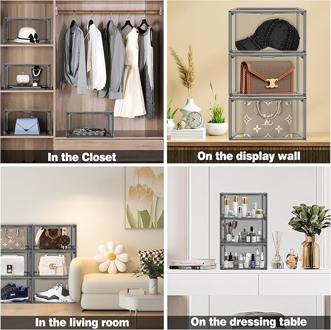 1 Pack Shoe Organizers Storage Boxes for Closet Size 12.5 Shoe Box Clear Stackable Storage Bins with Lids, Under Bed Shoe Containers for Entryway, Grey