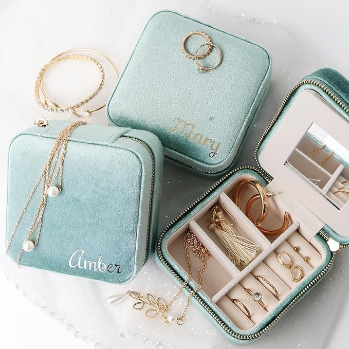 Customizable Compact Velvet Jewelry Box with Mirror, Travel Jewelry Case, Travel Jewelry Organizer, Jewelry Box for Women and Girls, Small Jewelry Organizer (Bottom Right Text, Mint Green)