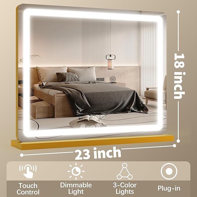 FENNIO 23" x 18" Vanity Mirror with Lights,LED Makeup Mirror,Hollywood Mirror with 3 Color Modes & Adjustable Brightness,Vanity Mirror Gold