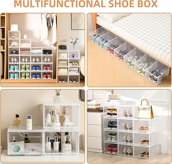 Foldable Shoe Organizer,Shoe Storage Organizer,10 Pack Shoe Box Clear Plastic Stackable,Drop Front Shoe Box with magnetic Door, Containers For Sneaker,Fit up to US Size 15