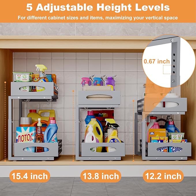 Under Sink Organizer, 2 Tier Under Sink Organizers and Storage, Adjustable Height, Slide out Metal Cabinet Organizers, Pull out Cabinet Storage Drawer Shelf for Kitchen Bathroom Gray 2Pack