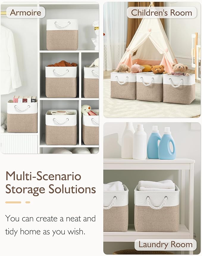 11 Inch Storage Cubes 6-Pack, Foldable Fabric Organizer Bins with Rope Handles, Cube Storage Baskets for Closet Shelves and Home Organization(White/Khaki)
