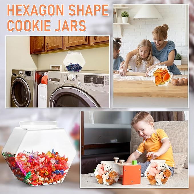 Uiifan 1 Piece Plastic Candy Jar with Lid Cookie Jar Clear Hexagonal Fish Bowls Containers for Snacks, Dog Food, Desk Pet, Craft and Sewing Supplies, Coffee Pod, Laundry Pod Storage Display(129 oz)
