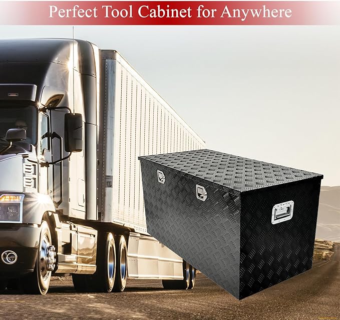 48''Inch Aluminum Truck Tool Box Truck Bed Toolbox Truck Trailer Chest Box Trailer Underbody Storage Organizer Waterproof Square Storage Organizer w/Lock & Keys Black(48" Lx24''x24'')