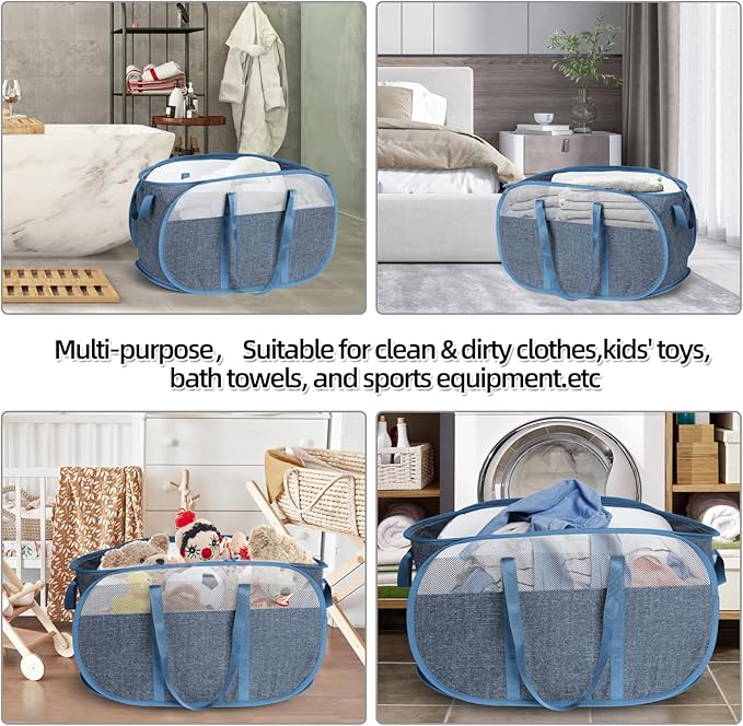 100L Collapsible Laundry Baskets, Tear Proof Pop Up Laundry Hamper with Dual Handles, Large Foldable Laundry Basket, Easy to Carry Laundry Hamper for Home, Laundry Room, Bedroom, Dorm, Travel Blue