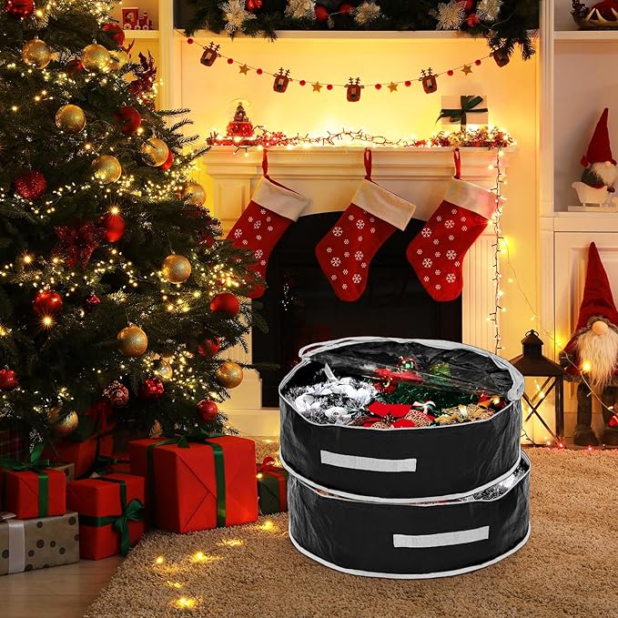 4 Pcs Christmas Wreath Storage Bag, Christmas Garland Storage Container with Clear Window, Zipper & Handle for Xmas Holiday Seasonal Wreath Garland Box(Black,24")