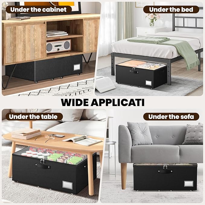 Underbed Storage with Wheels, 2 Pack Under Bed Storage Containers with Clear Lids, No Assembly Required 10.1 inch Rolling Under Bed Storage for Clothes, Blankets