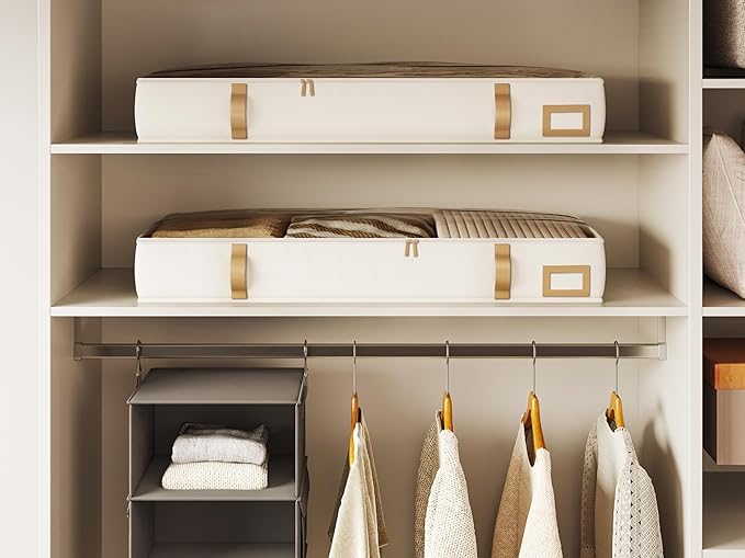 Vailando Under Bed Storage Containers, 6 Inches Tall 60L Underbed Storage Bins with Leather Handles and Sidewalls, Closet Organizer for Clothes, Blankets, Seasonal Items, Beige with Brown, 2-Pack