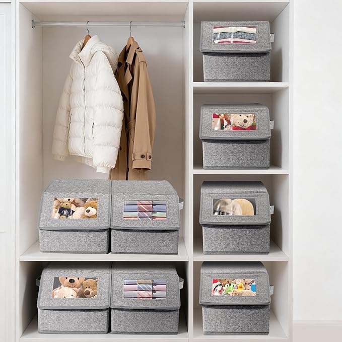 Stackable Hat Organizer for Baseball Caps - Holds 12 Caps, Clear View Lid, Space Saving Closet Storage (Set of 4, Breathable Fabric)