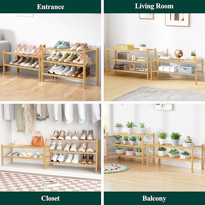Smiry Bamboo Shoe Rack for Closet, 2 Tier Wooden Stackable Shoe Organizer, Free Standing Shoes Storage Shelf for Entryway, Front Door Entrance, Natural