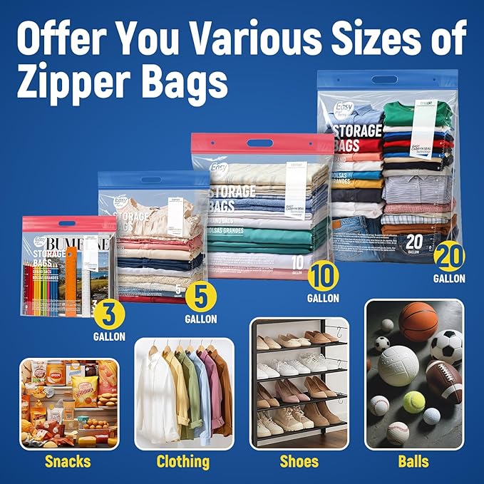 10PCS 20 Gallon Zipper Large Storage Bags with Handle and Bottom, Reusable Jamboo Plastic Duty Bags for Cloth Storage Travel Moving Outdoor Freezer,BPA-Free, 24"x31"+7", 3.15-Mil Thick
