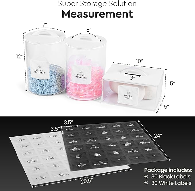 Laundry Pod Storage Container Set | Two 3L Glass Jars & One Acrylic Dryer Sheet Container with Bamboo Lids – Includes 2 Scoops, 60 Waterproof Laundry Labels – Dishwasher Safe