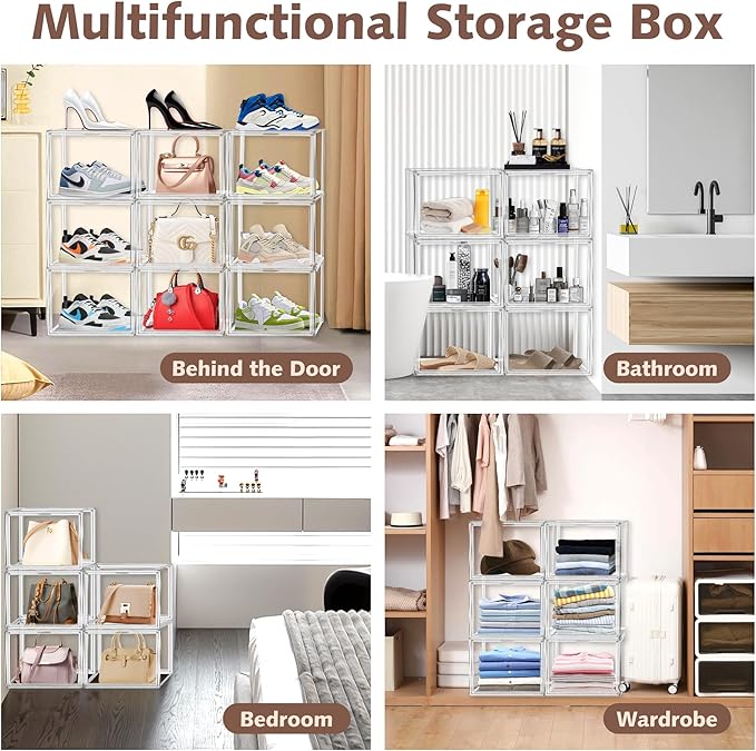12 Pack Purse Organizer for Closet Size 14 Shoe Storage Box Stackable Acrylic Display Case Handbag Organizer with Magnetic Lid Transparent Storage Container for Sneaker, Boots, Hat, Book, Collectibles