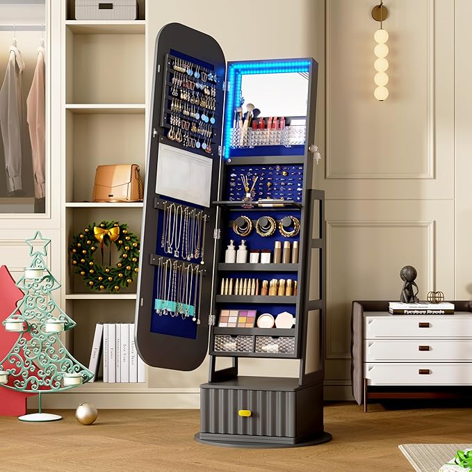 Full Length Mirror with Storage, 61" Mirror Jewelry Cabinet Standing, Rotating Jewelry Mirror Organizer Full Length, Lockable Jewelry Armoires with Velvet Lining for Women Gift