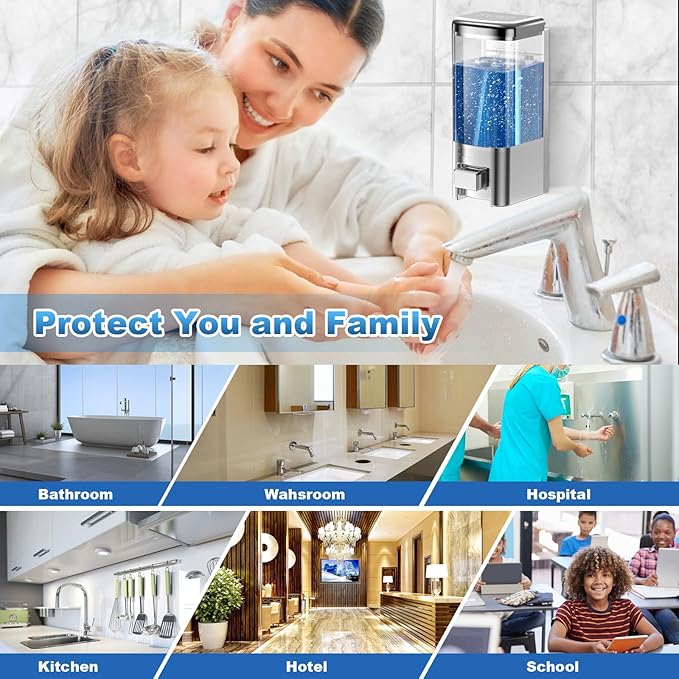 SVAVO Wall Mounted Soap Dispenser - Manual Kitchen Bathroom Hand Soap Dispenser with Anti-Leakage Nozzle Container for Liquid/Gel/Shampoo/Shower Gel/Lotion/Cleaner, 17fl.oz/500ml, Chrome&Clarity