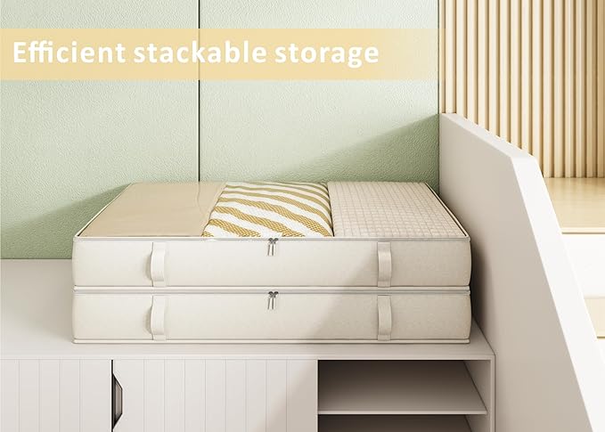 Vailando Side-Supported Under Bed Storage Containers, 6 Inches Tall 60L Underbed Storage Bins with Sturdy Handles and Sidewalls, Closet Organizer for Clothes, Blankets, Seasonal Items, Beige, 2-Pack