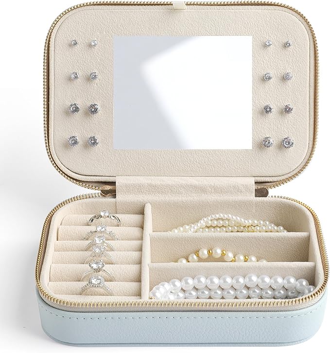 Genuine Leather Travel Jewelry Organizer Case with Mirror for Women, Small Mini Portable Jewelry Box for Ring Earrings Necklace Bracelet Luxury Gift for Women(Mint Green)