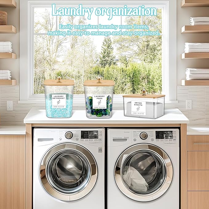 5 Pcs Laundry Room Organization Storage Containers 4 Large 3L Laundry Pod Containers and Dryer Sheet Holder with Bamboo Lids 18 Labels 4 Scoops for Detergent Powder Laundry Organizer