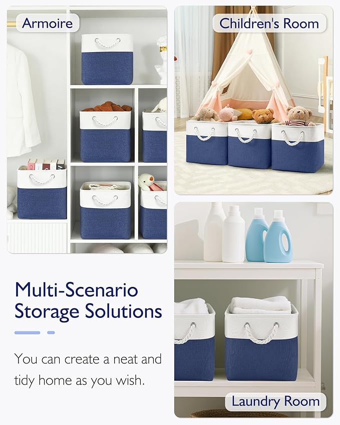 13x13x13 Storage Cube Bins,Set of 4, Large Foldable Fabric Storage Cubes with Handles for Organizing Home, Closet, Shelf, Office(White&Blue)