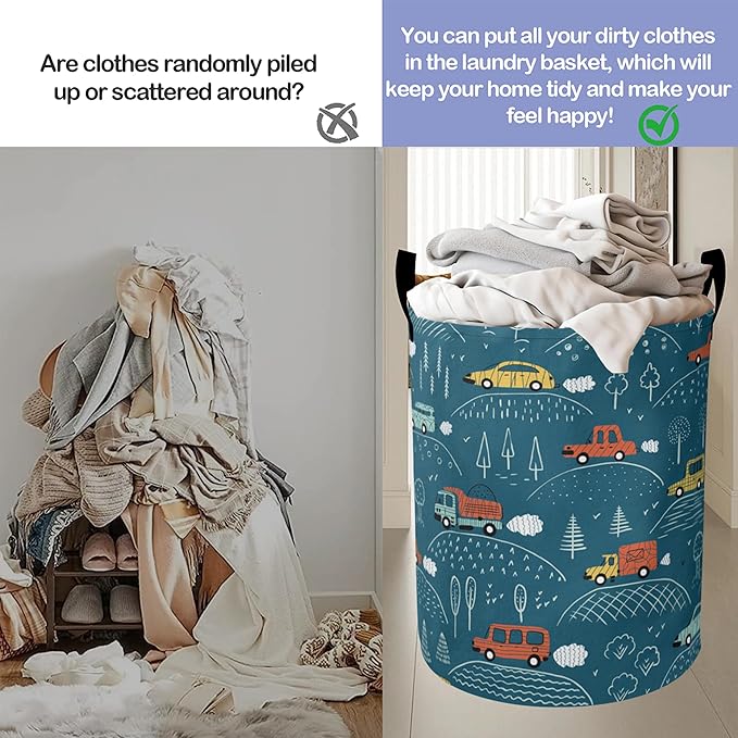 Laundry Basket-Blue Cartoon Car Foldable Waterproof Oxford Cloth Funny Tote Bag Laundry Hamper Clothes Storage Bucket Organizer For Bathroom/Laundry Storage/Bedroom Storage Basket