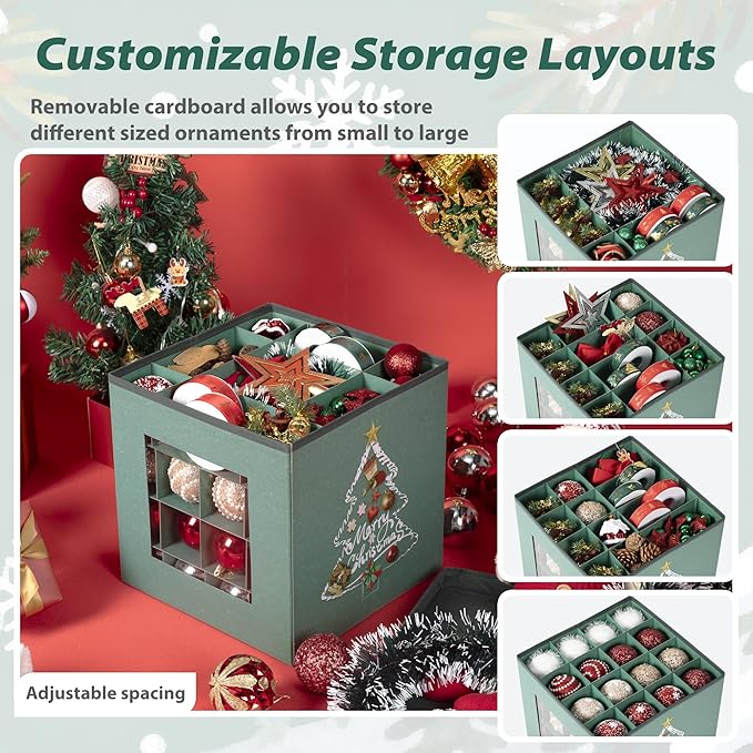 Premium Waterproof & Dustproof Christmas Ornament Storage Box with lid - Holds Up to 64 Ornaments Decoration Balls, Adjustable Dividers, Large Foldable Storage Case for Sundries or Clothes