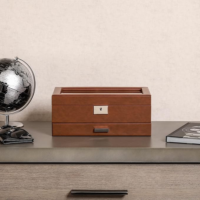 ROTHWELL 10-Slot Watch Box in Leather with Valet Drawer, Luxury Watch Case Display Organizer with Ultra Soft Microsuede Liner, Jewelry and Sunglass Holder With Large Glass top (Tan/Brown)