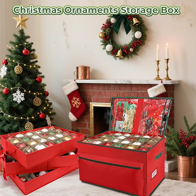 WDZREE Large Christmas Ornament Storage Box, Stores Up to 72-4" Ornaments Balls, 3 Individual Trays with Adjustable, Christmas Container Perfect for Holiday Decorations, 600D Oxford Fabric Tear-Proof