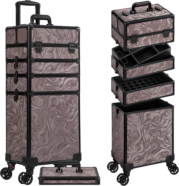 Profesional Rolling Makeup Train Case with Lid, 5 in 1 Cosmetology Case on Wheels, Large Cosmetic Trolley Organizer Travel for Hairstylist Artist Nail Beauty Salon Barber, Brown Ink