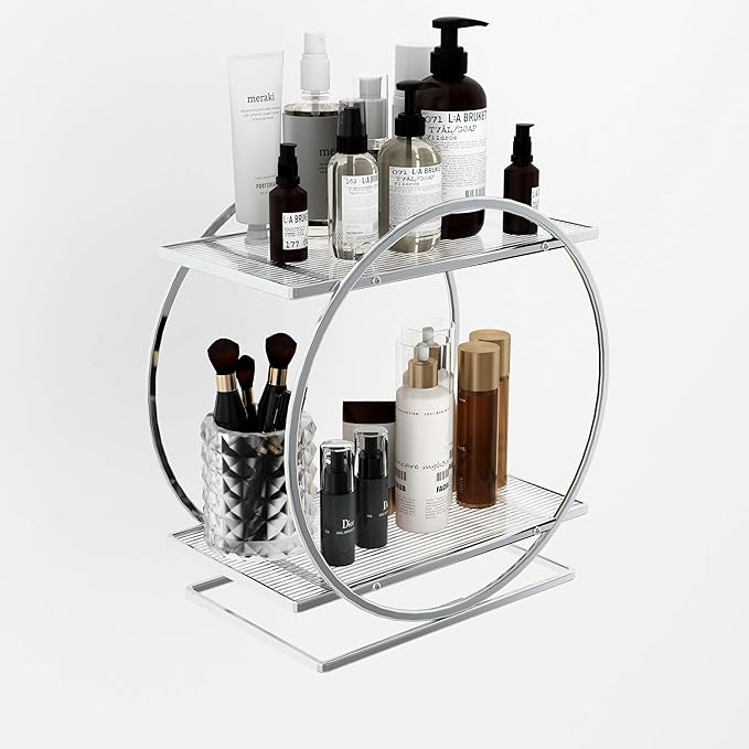 Perfume Organizer for Bedroom Dresser- Sliver Makeup Organizers for Vanity, 2 Tier Bathroom Countertop Organizer Perfume Tray Skincare Storage Cosmetic Display Rack, Make Up Counter Shelf