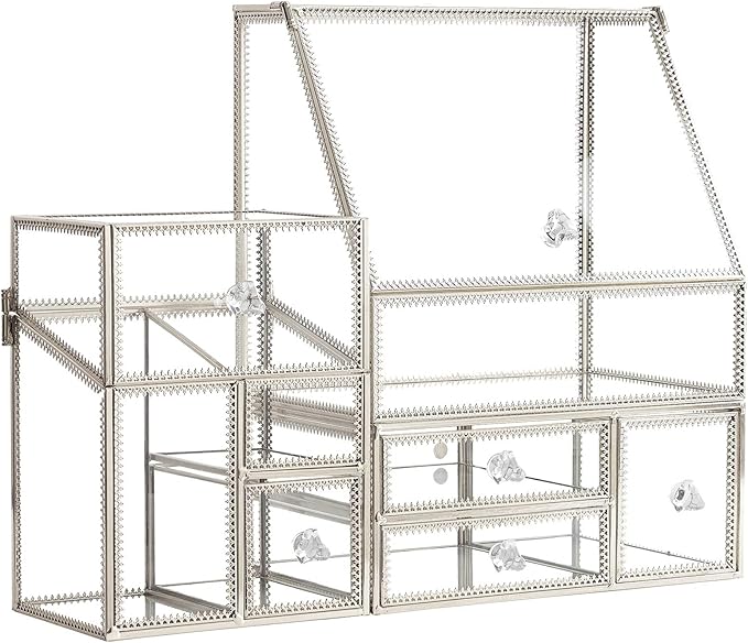 Hersoo Glass Makeup Organizer for Vanity/Stackable 2Pieces Drawer Set/Antique Countertop Vanity Cosmetic Storage Box Mirror Glass Beauty Display, Holder for Brushes Lipsticks Skincare Toner (Silver)