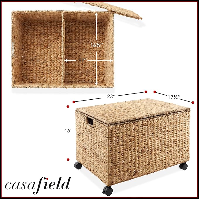 Casafield Rolling Storage Basket Cart with Lid and Locking Wheels, Natural - Handwoven Water Hyacinth Divided Recycling Sorting Bin for Kitchen, Laundry Room, Garage