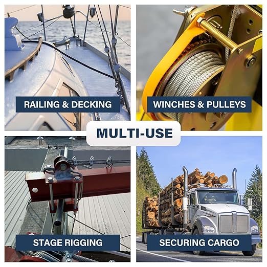 3/16 Wire Rope, 50ft Stainless Steel Cable with Wire Rope Clamps & Thimble, 3700lbs Breaking Strength, 7X19 Strands Aircraft Cable for Zipline, Deck Railing, Clothesline