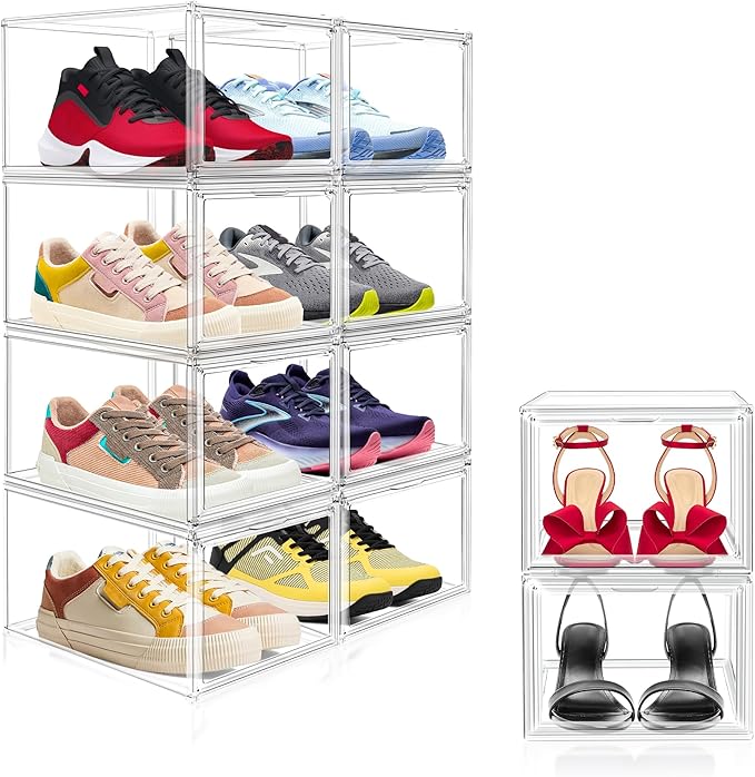 2 Pack Drop Front Acrylic Shoe Boxes with Magnetic Door Fit US Size 12, Clear Stackable Shoe Organizer for Closet, Entryway, Underbed, Multiple Display Cases for Hats, Figures, Sneakers