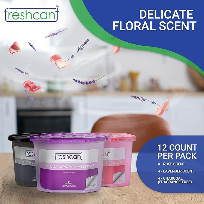 Moisture Absorber Bundle, Room and Closet Freshener, Moisture and Odor Absorber for Home, Rooms, Basement, Garage, Prevent Musty Odor, Control Moisture, Pack of 12, Rose, Lavender & Charcoal