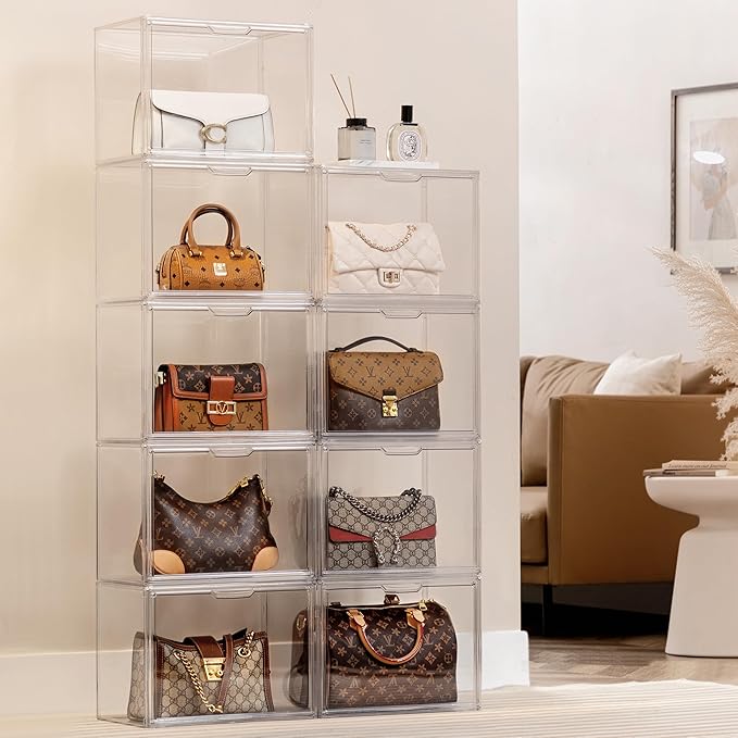 HBlife 8 Pack Purse Storage Organizer for Closet, Large Clear Stackable Handbag Display Case Box with Magnetic Door for Collectibles, Cosmetics, Women Heels and Toys