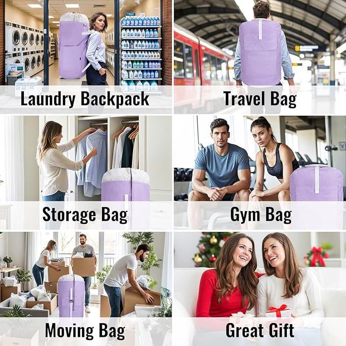 Laundry Bag Backpack, 125L Extra Large Laundry Backpack with Shoulder Straps, Adjustable Extendable Laundry Hamper Bag with 3 Pockets for College, Travel, Camping (Purple)