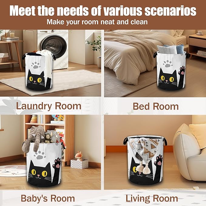 Black Cats Laundry Hamper,Collapsible Laundry Baskets Waterproof Oxford Cloth With Handles,Clothes Storage Bucket Toy Organizer For Bathroom/Nursery/Bedroom 16" x 20.8"