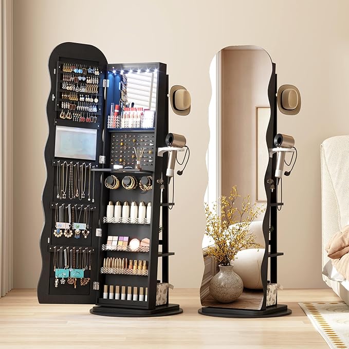 Vlsrka 360° Swivel Jewelry Aromire with Wavy Mirror, Lockable Jewelry Organizer Mirror Full Length, Rotatable Standing Mirror with Storage, Jewelry Cabinet, Interior Mirror, Flodable Shef, Black