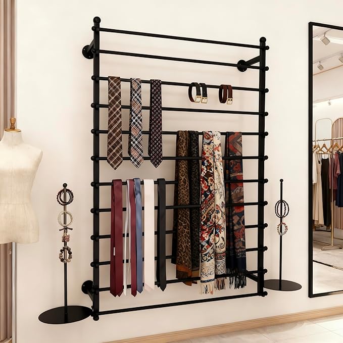 12 Layers 80cm Black Wall Display Stand Wrapping Paper Ribbon Organizer Tie Scarf Rack Belt Towel Holder Spool Hijab Stand Metal Shelving for Home, Retail Stores, Flower Shop, Studio, Sewing