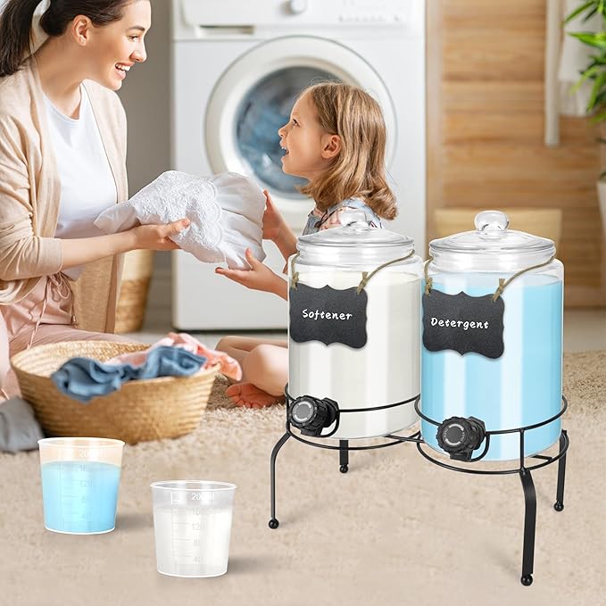 Glass Laundry Detergent Dispenser 1 Gallon 2 Pack, 2 Gallon Laundry Soap Dispenser with Stand, Glass Jars Laundry Containers for Laundry Room Organization & Storage
