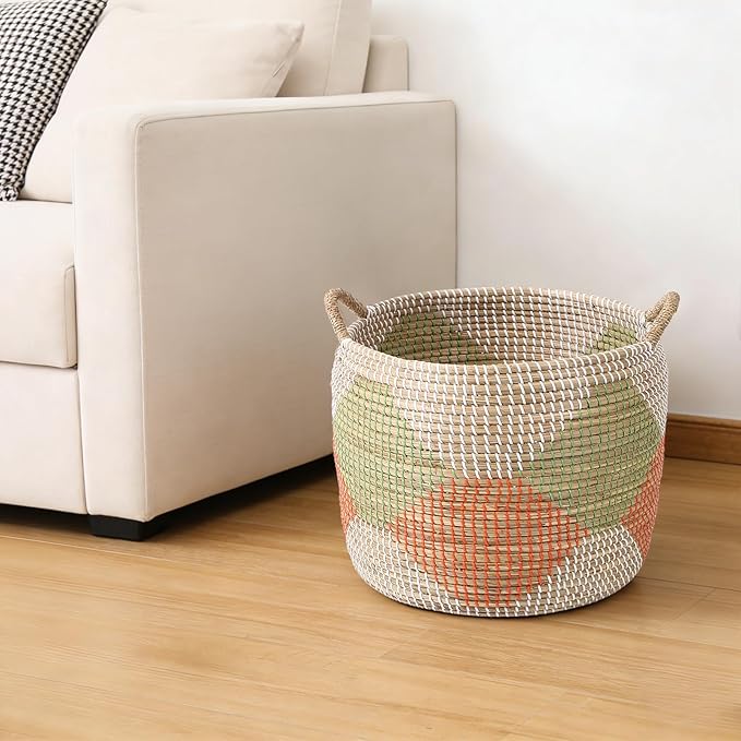 Laundry Basket, 3 Pack Seagrass Baskets, Handwoven Woven Laundry Hamper with Handles, 56L, 28L, 15L for Decor Storage of Dirty Clothes,Toys and Blankets in Bathroom, Nursery, Living Room